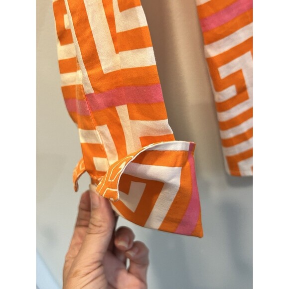 Tizzie Shirt Women L Orange Pink Geometric Print Button Down Long Sleeve Stretch - Picture 3 of 9